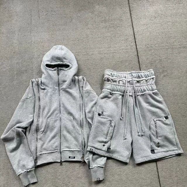 Nuovo set di felpa con cappuccio e pantaloncini con cerniera e polsini doppi, stile casual americano High Street, per coppie di uomini e donne_voghion.com
