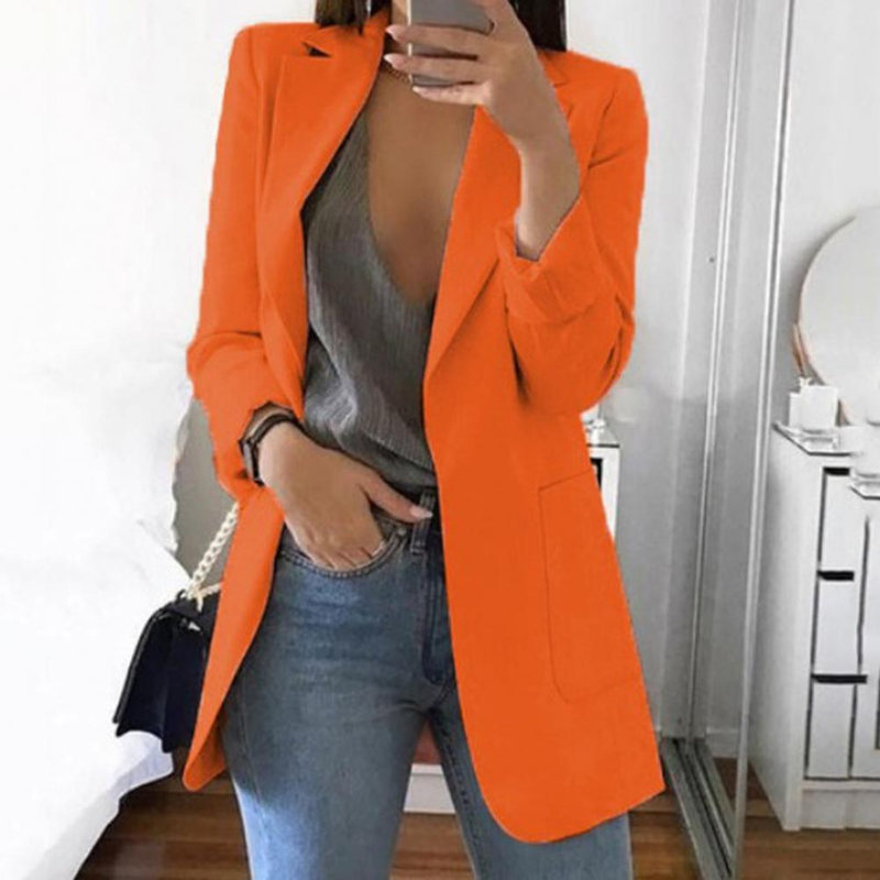 Dame Ensfarget Langermet Blazer med Store Lommer Dress Kontordame Slag Åpen Cardigan Blazer Jakker Ensembles de_voghion.com