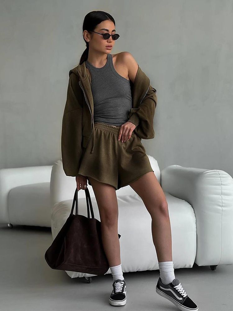 Casual Women's Solid Color Long Sleeve Hooded Drawstring Sweatshirt Jacket Shorts Two-Piece Set_voghion.com