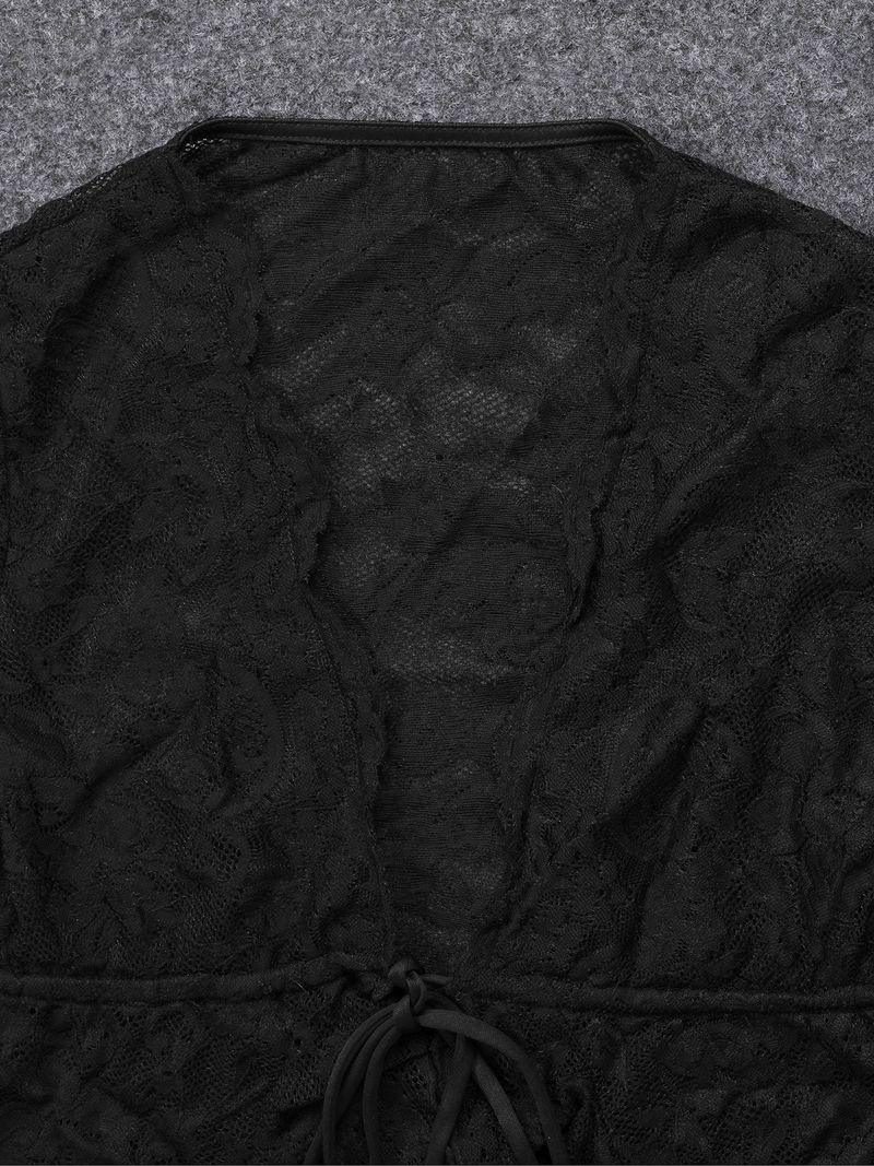 Completo da donna sexy in due pezzi con pizzo floccato, top a maniche lunghe in rete trasparente e pantaloni per serate in discoteca_voghion.com