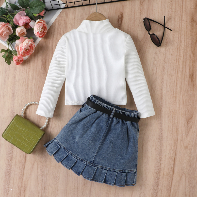 Kinderkleid Mädchen Einfarbig Weste Langarm Top Denim Offene Tasche Faltenrock Anzug_voghion.com