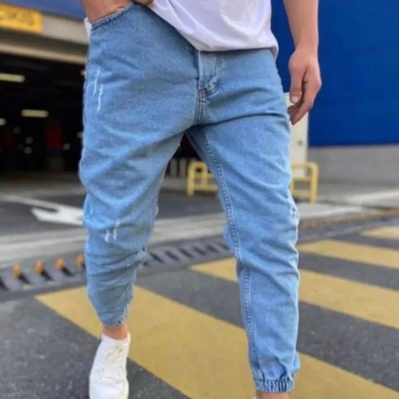 2024 Herbst Slim Fit Heren Jeans Reine Farbe Casual Elastische Taille Jeans Strahl Fuß Streetwear Jogger Denim Hosen_voghion.com