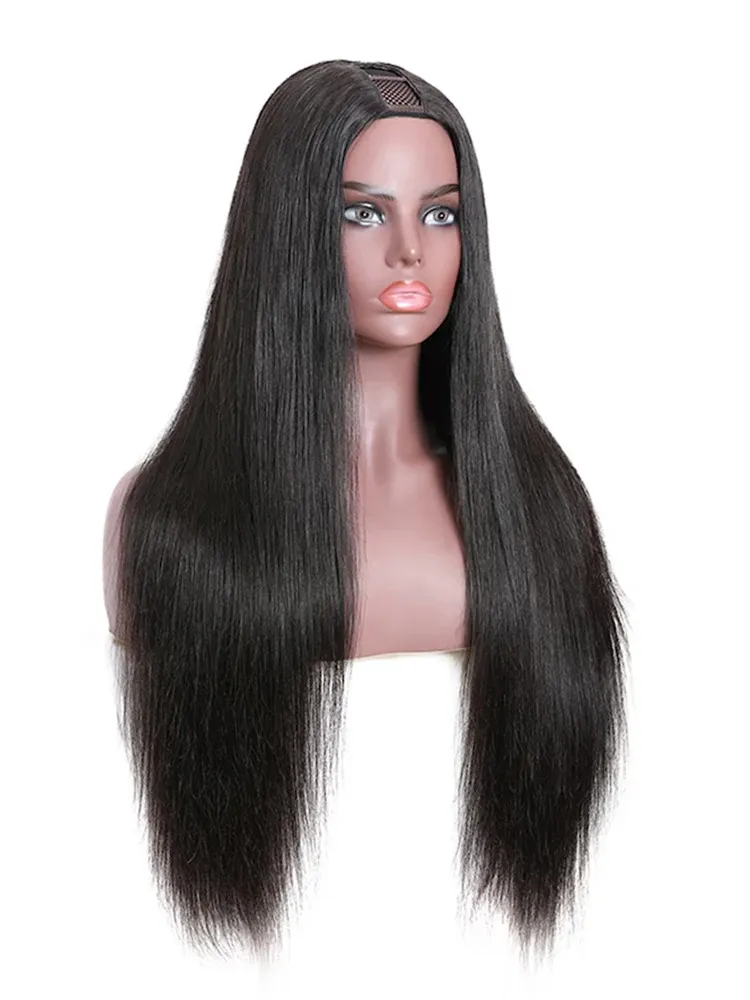 Pelucas de cabello humano indio liso sin procesar para mujeres Peluca con parte en U Pelucas sin pegamento que no se dejan afuera_voghion.com