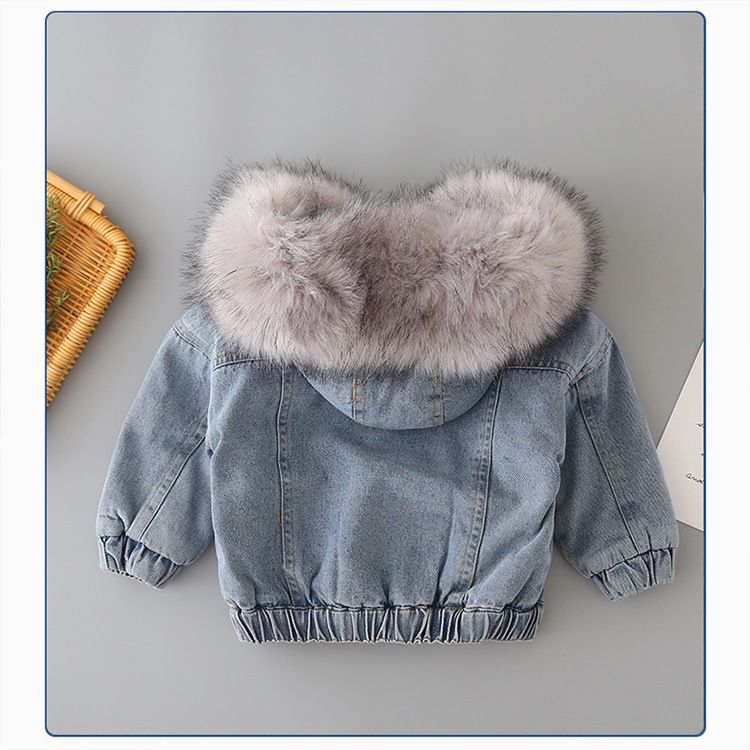 Nuovo cappotto invernale per bambine in stile coreano, taglia piccola e media, in denim felpato, con ampio collo di pelliccia, spesso e caldo, di media lunghezza_voghion.com