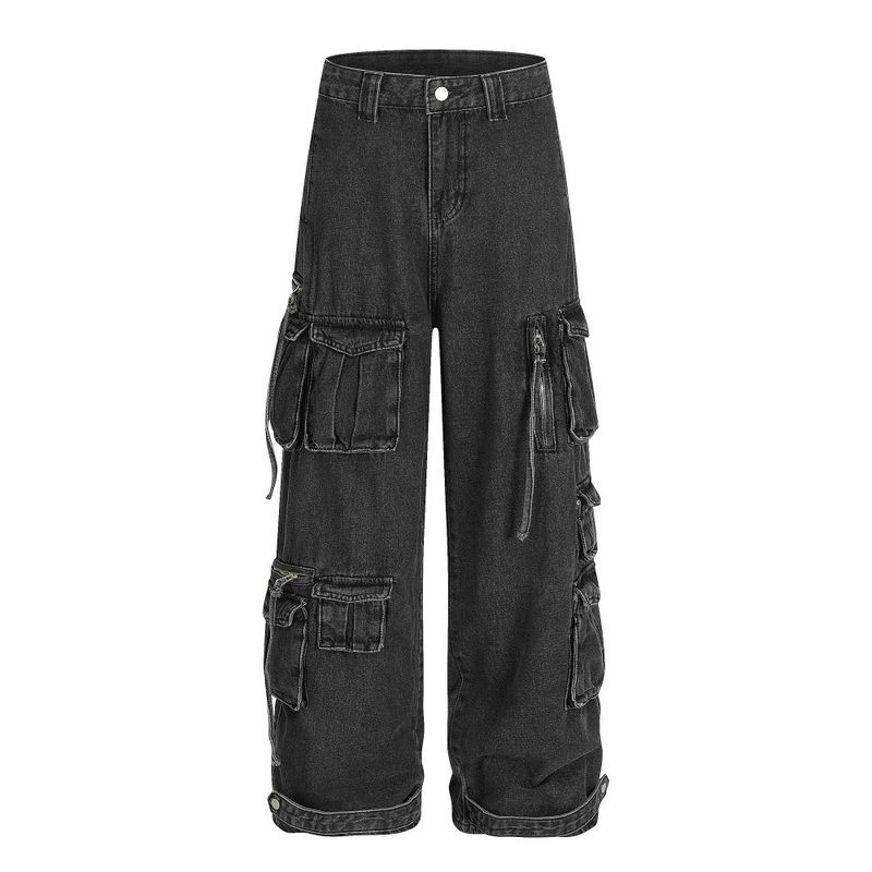 Pantaloni cargo larghi e dritti da uomo in denim multitasche American High Street, con design di nicchia, lavato e personalità_voghion.com