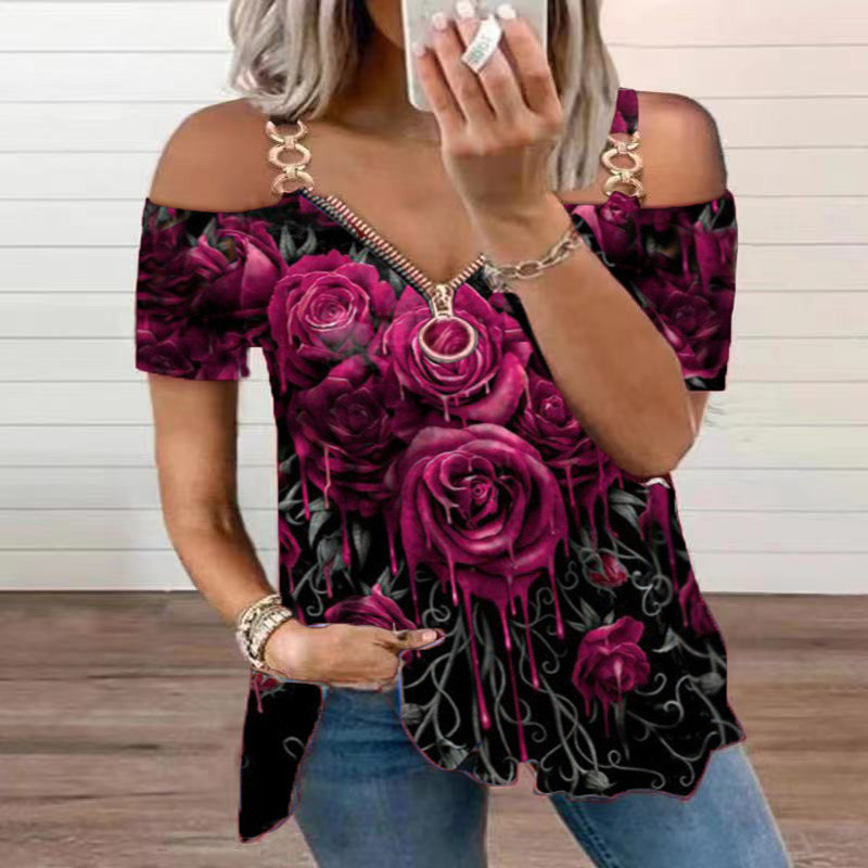 T-shirt da donna con cerniera rosa pullover a maniche corte stampata con scollo a V e spalle scoperte_voghion.com