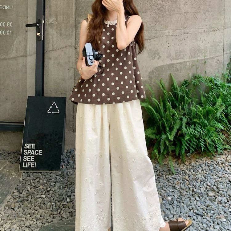 Gilet coreano a pois con scollo rotondo e volant per donna, estivo, nuovo, stile pigro, ampio e snellente, senza maniche_voghion.com