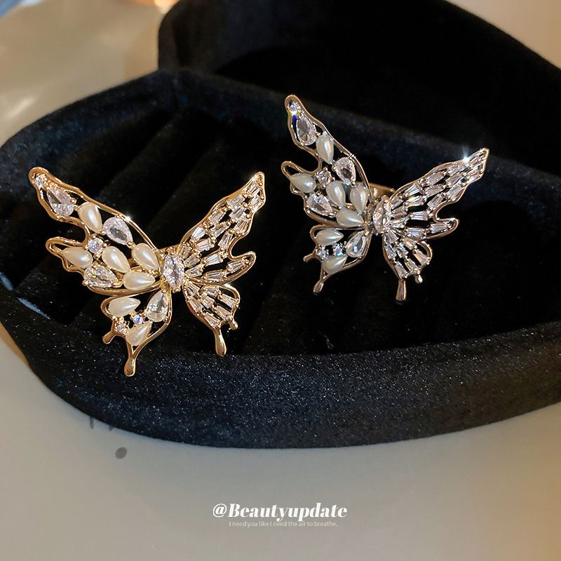 Real Gold Plated Zircon Butterfly Pearl Open Elegant High-end Sense Fashionable Versatile Index Finger Ring Accessory_voghion.com