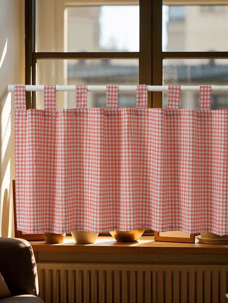 Cortinas xadrez boêmias para cozinha, quarto e cafeteria – Cortina de porta e janela de linho e algodão estilo Ins com borlas, xadrez vermelho/verde/preto_voghion.com