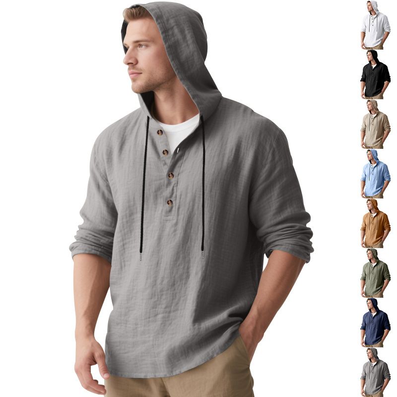 Lente en herfst lang mouwen linnen overhemd heren capuchon casual losse T-shirt trui heren_voghion.com