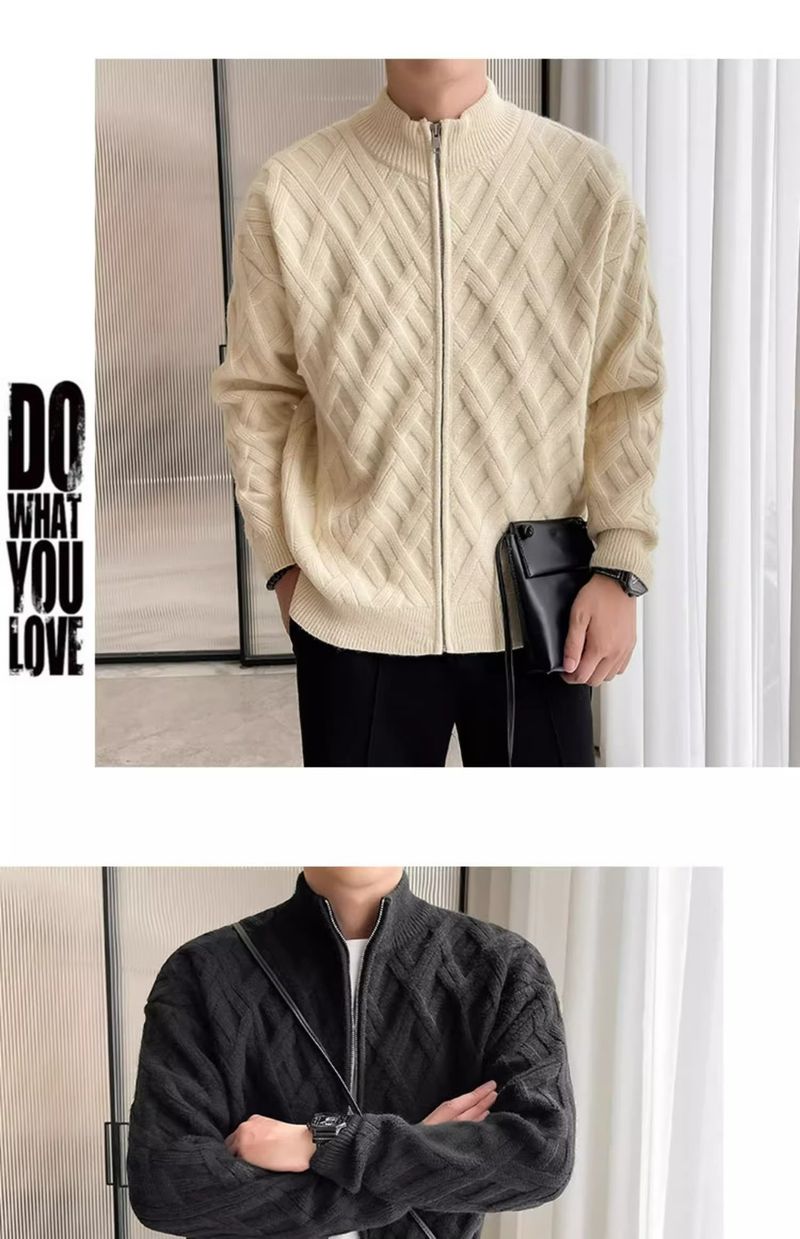 Autumn And Winter Stand-up Collar Zipper Knitted Cardigan Large Size Loose Solid Color Thickened Sweater Jacket Boys Trend_voghion.com