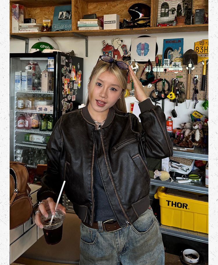 Veste de moto courte en cuir américain vintage fabriquée à la main pour femme, nouveau manteau Melad à manches longues, haut polyvalent_voghion.com