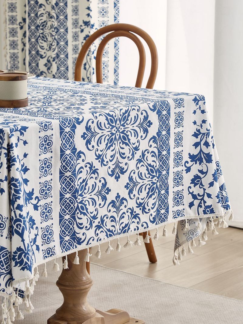 Tovaglia in porcellana blu e bianca – 59% cotone e 41% poliestere, antiscivolo e resistente al calore (rettangolare, 150x100 cm/150x300 cm)_voghion.com
