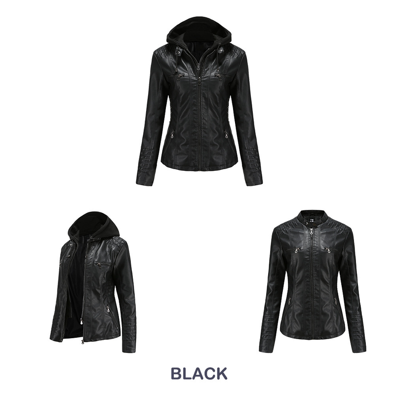 Giacca in pelle con cappuccio da donna, set da due pezzi, staccabile, di grandi dimensioni, in pelle PU lavata da donna_voghion.com