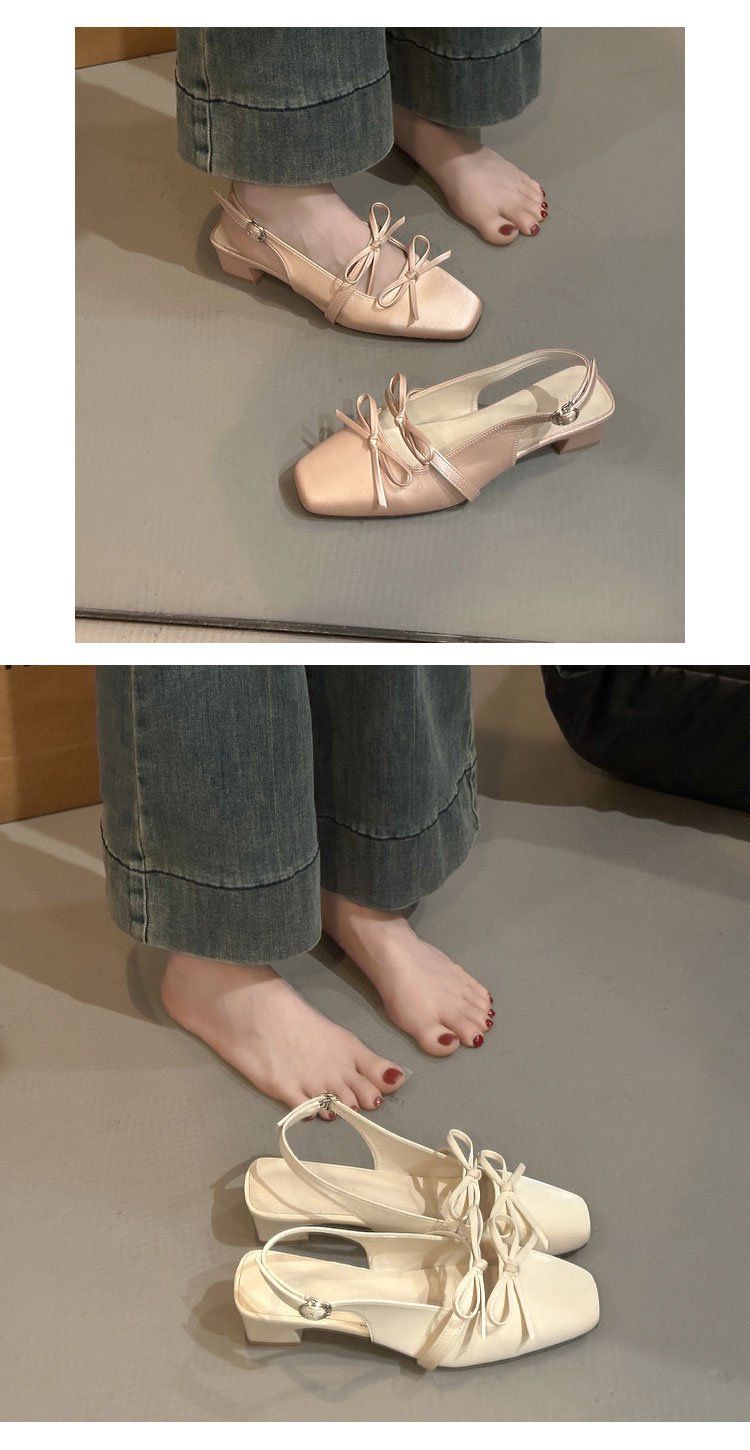 French Evening Bow Pink Women's Closed Toe Strappy Sandals 2025 New Summer Square Toe Shallow Sandals_voghion.com