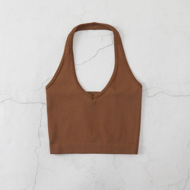 Neckholder-Body-Shaping-Unterwäsche für Fitness und Yoga, V-Ausschnitt, rückenfreies Camisole, gerippt, Bonbonfarbe_voghion.com