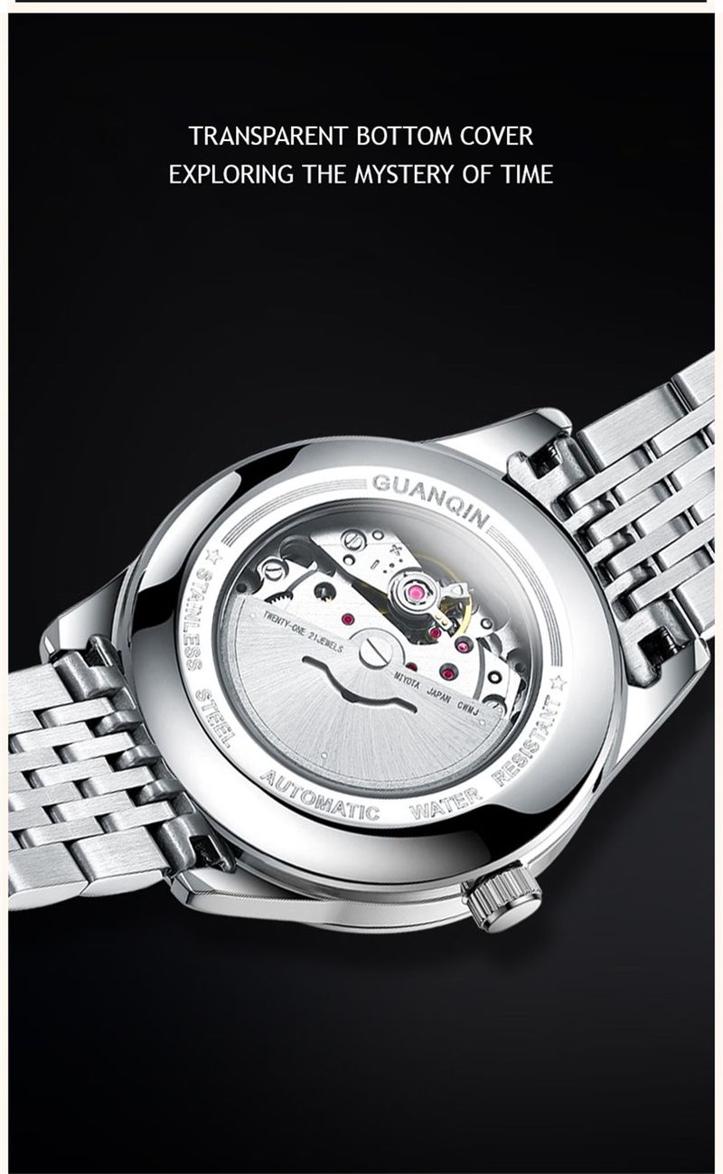 Orologio da uomo di lusso GUANQIN in acciaio inossidabile con data e movimento meccanico automatico giapponese Miyota._voghion.com