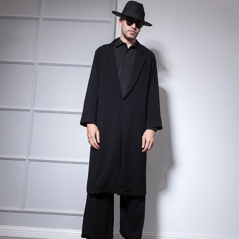 Man's clothing Trench coat men's long spring and autumn thin personality hip hop dark tie thin coat black top_voghion.com