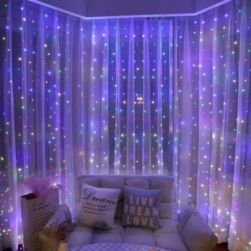 Cortina de luces LED de 6/3 m, 8 modos de iluminación, ideal para decoración de interiores y exteriores, para Navidad, bodas, jardines, salas de estar y dormitorios._voghion.com