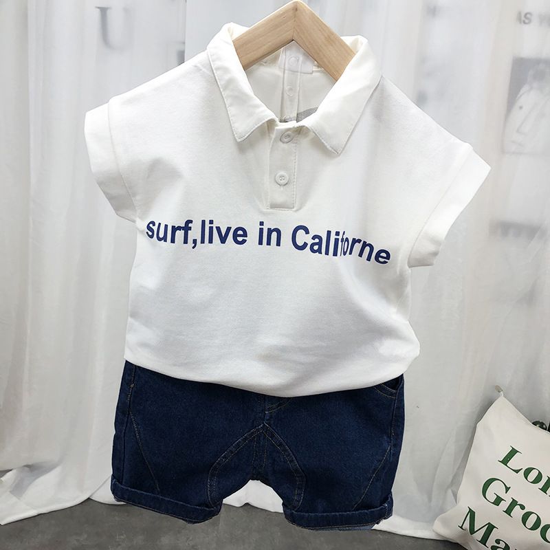 Ropa para madres y niños, novedad de verano, versión coreana para niños, camiseta con solapa, pantalones cortos, traje sin mangas con estampado de dibujos animados para niños_voghion.com