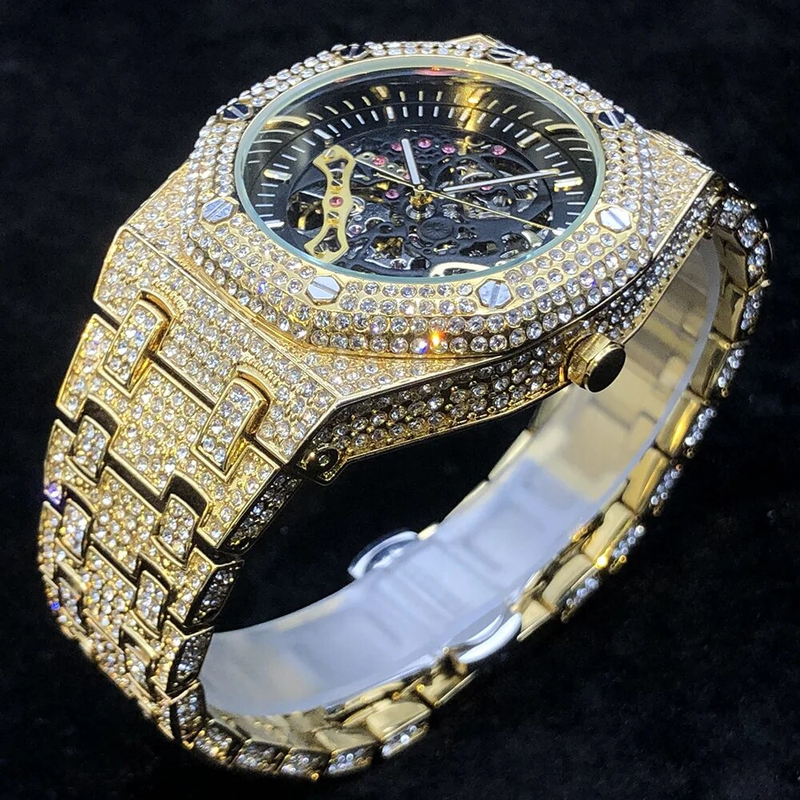 Dropshipping Diamond Watch For Men Gold Ice Out Automatic Watches Hiphop Bling Shiny Skeleton Mechanical Brand Clock_voghion.com