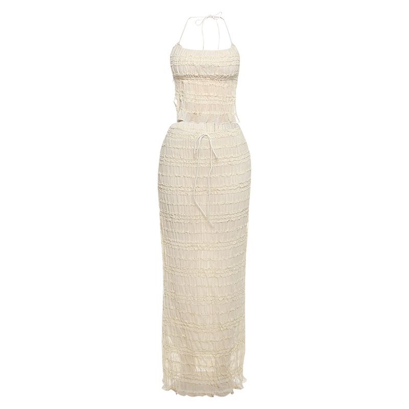 Odzież damska Wiosna Nowa moda damska Halter Neck Backless Seksowna kamizelka Plisowana długa spódnica z szyfonu Garnitur_voghion.com