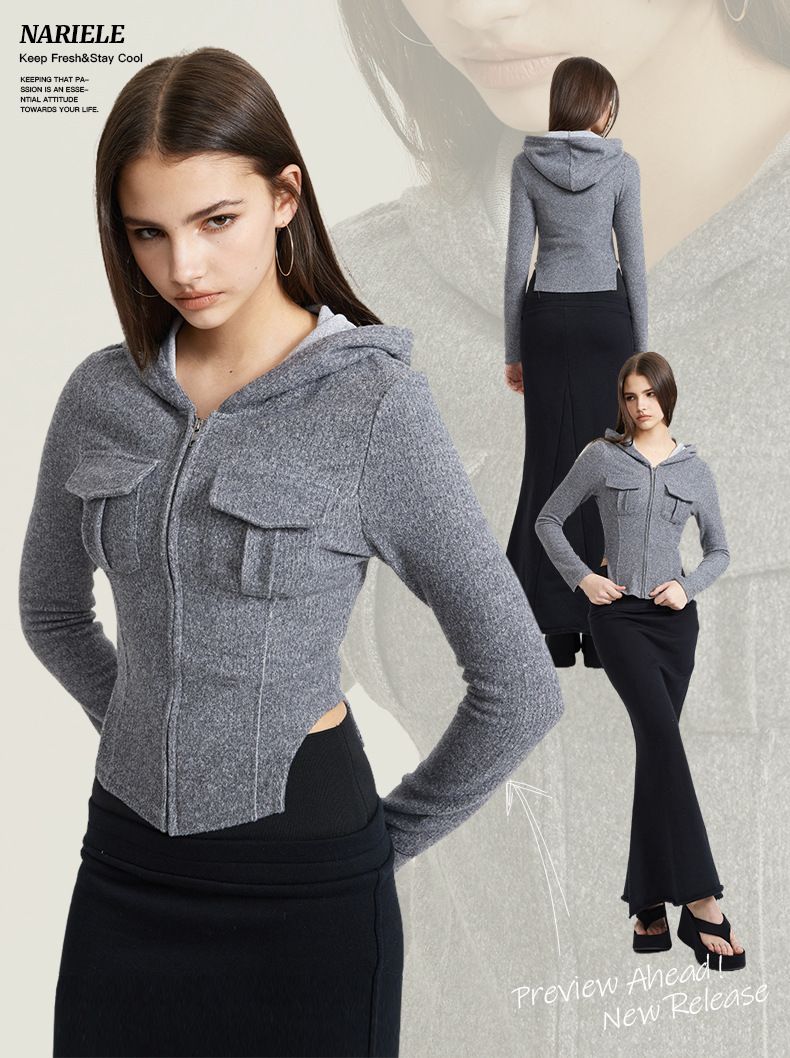 Abbigliamento da donna Felpa con cappuccio e zip da donna - Top corto a maniche lunghe con vestibilità attillata e dettaglio tasca_voghion.com