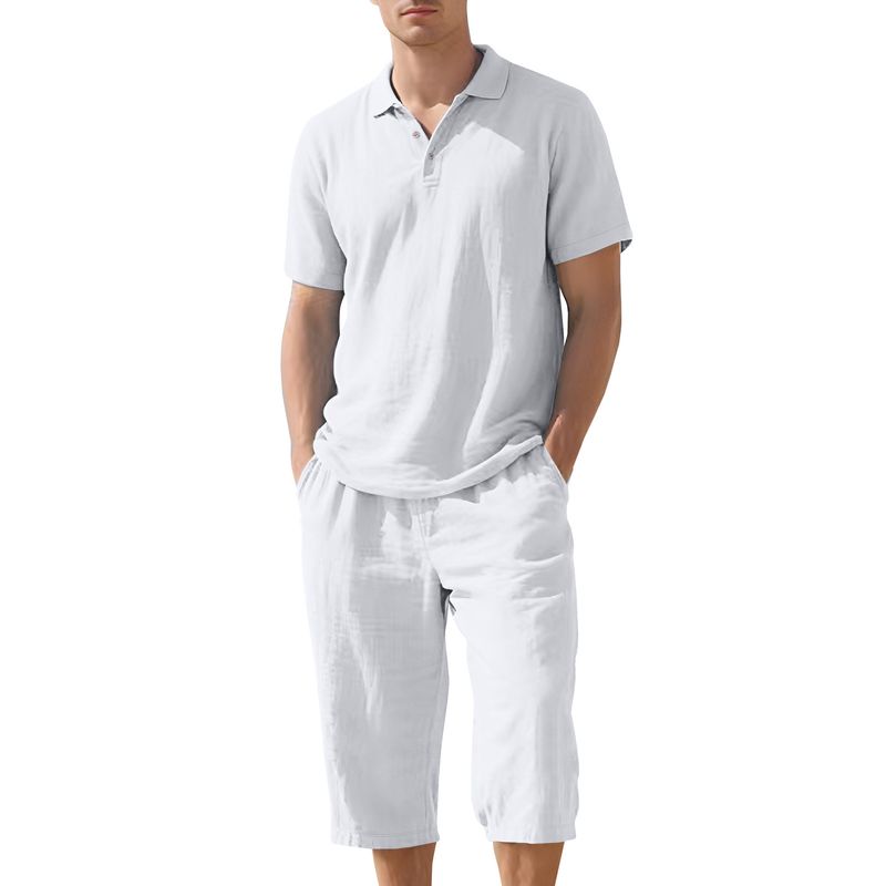 Polo da uomo estivo, casual, ampio, traspirante, in lino, con maniche corte e pantaloni a sette quarti_voghion.com