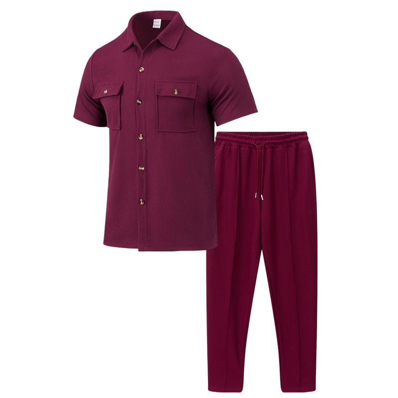 Men's Clothing Men's Summer New Solid Color Button Pocket Shirt Short Sleeve Pants Two Piece Set_voghion.com