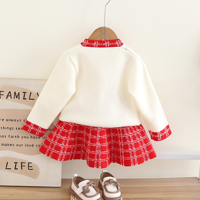 Jupe pull pour filles, petit style parfumé à finitions dorées, jupe deux pièces tricotée de style simple, cardigan à manches longues à la mode pour bébé fille_voghion.com