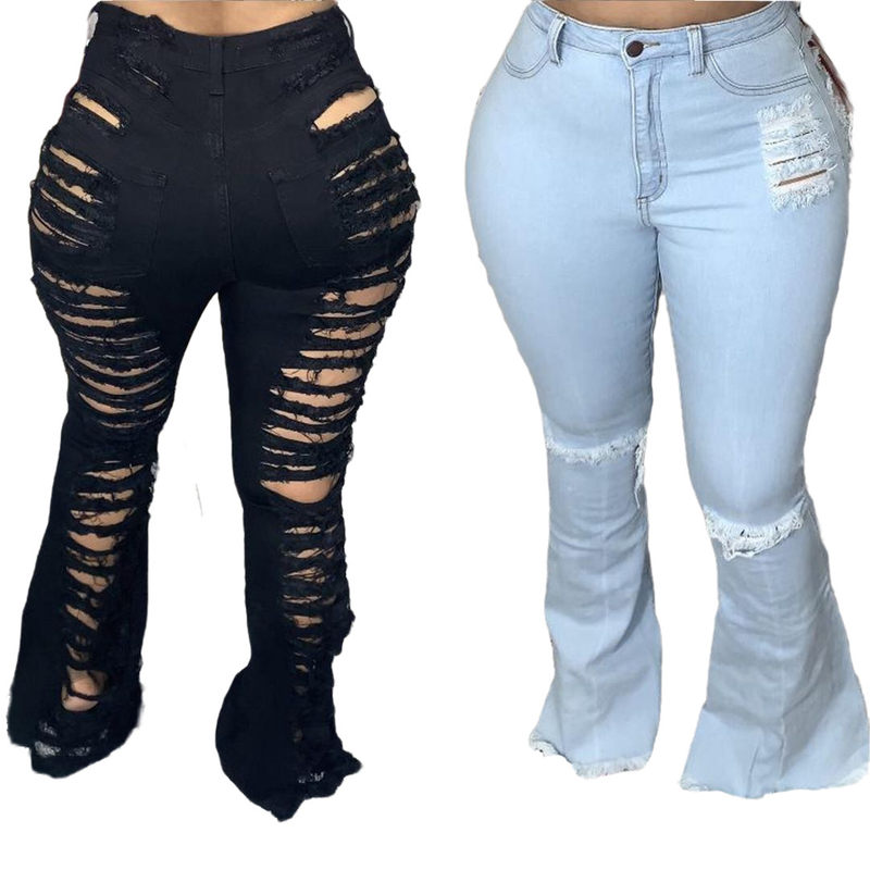 Roupas femininas tendência da moda personalidade rasgada calças largas elásticas_voghion.com