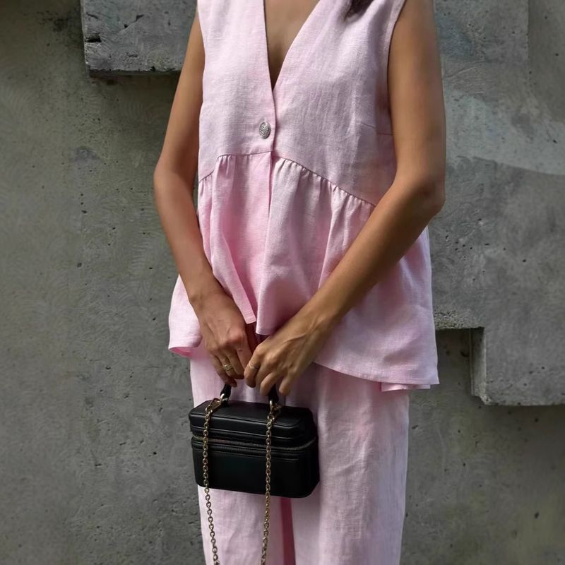 Cotton 2025 New V-Neck Button Sleeveless Top Vest Long Pants Set Solid Color Elegant Commuting Two-Piece_voghion.com