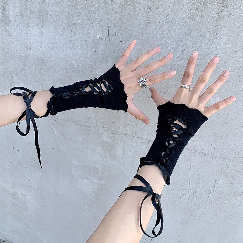 Y2K Decorative JK DIY Lolita Girl Lace-up Fingerless Gloves_voghion.com