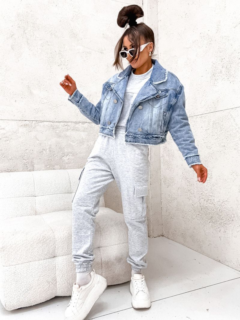 Damenbekleidung Jeansjacke im Used-Look für Damen – Übergroße, gewaschene Baumwollmischung mit Revers und langen Ärmeln_voghion.com