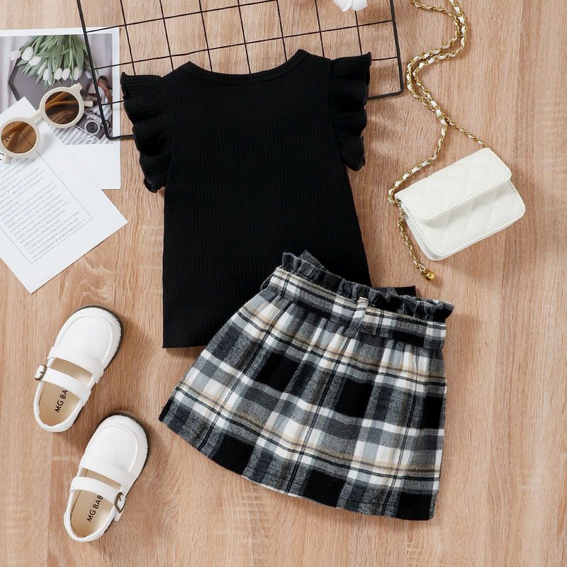 Baoshi Abbigliamento per bambini Instagram Nuovo Pit Stripe Canotta in pizzo Gonna corta a scacchi Set due pezzi_voghion.com