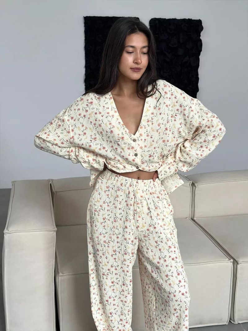 Damen Nachtwäsche Reine Baumwolle Bedruckte Hose Pyjama Set Neue Strickjacke Pyjamas Home Kleidung_voghion.com
