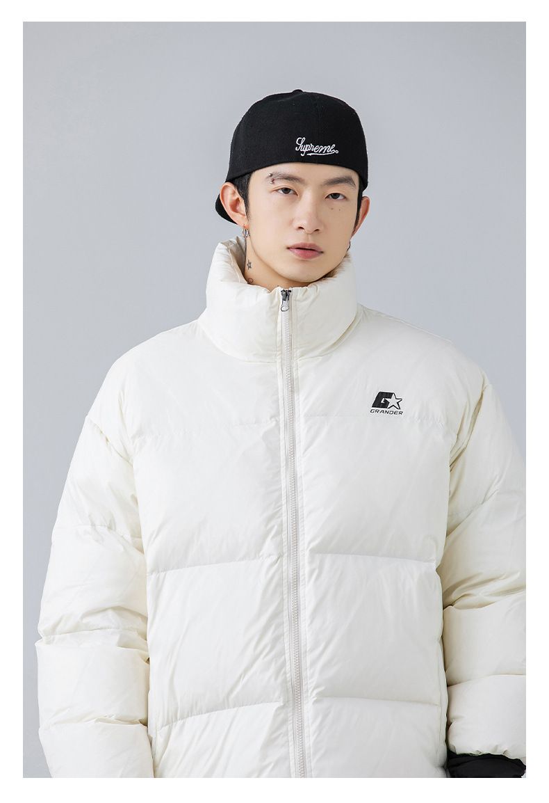 Doudoune imprimée unisexe d'hiver - Doudoune ample et épaisse avec rembourrage en plumes de canard pour homme et femme (noir, blanc cassé)_voghion.com