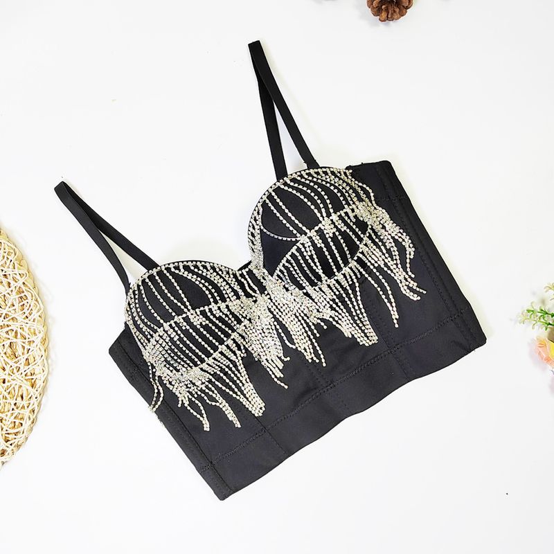 Corsetto avvolgente con catena di diamanti e nappe, design francese, corsetto con perline a spina di pesce, con reggiseno imbottito e top modellante_voghion.com