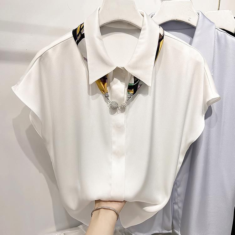 Camicia da donna estiva sottile con risvolto, in chiffon, a maniche corte, con decorazione in seta e sciarpa, stile temperamento_voghion.com