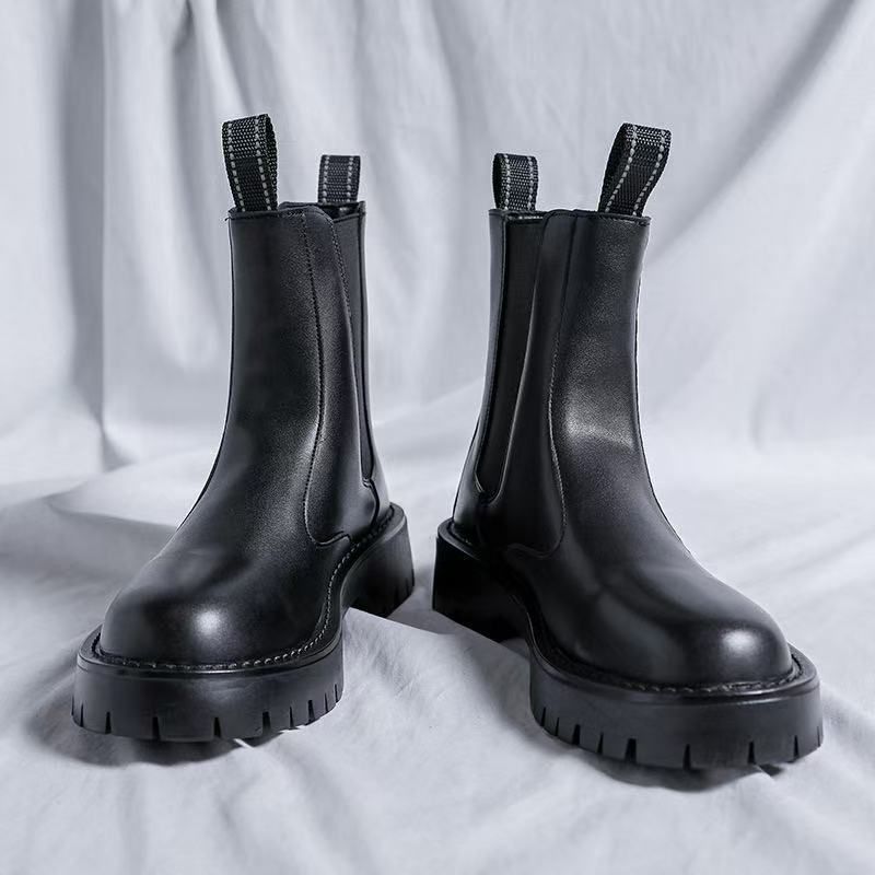Chelsea Boots Men's High-top Leather Shoes, Cigarette Boots, Martin Boots Men's Velvet Black Boots Men's_voghion.com