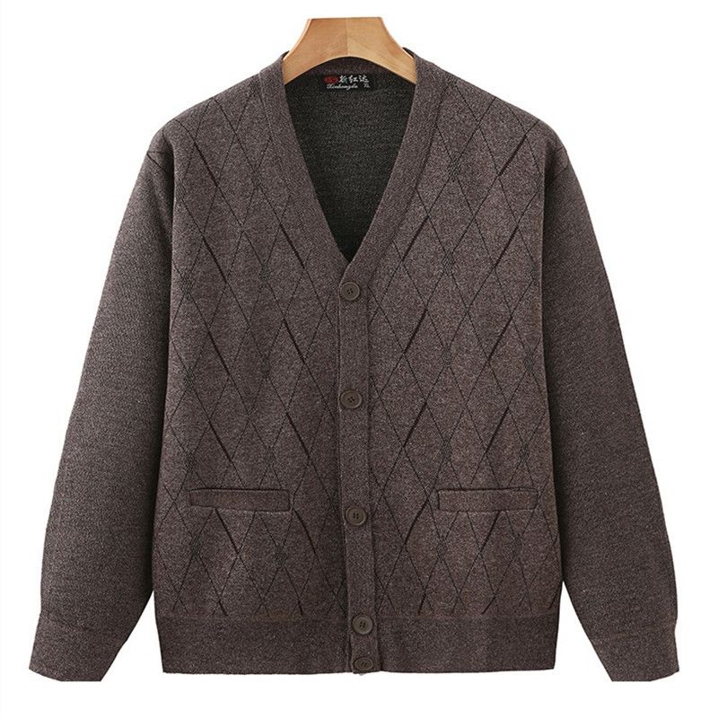 Strickjacke für ältere Menschen mittleren Alters, Herren, Frühling und Herbst, V-Ausschnitt, gestrickter Jacquard-Pullover mit offener Vorderseite_voghion.com