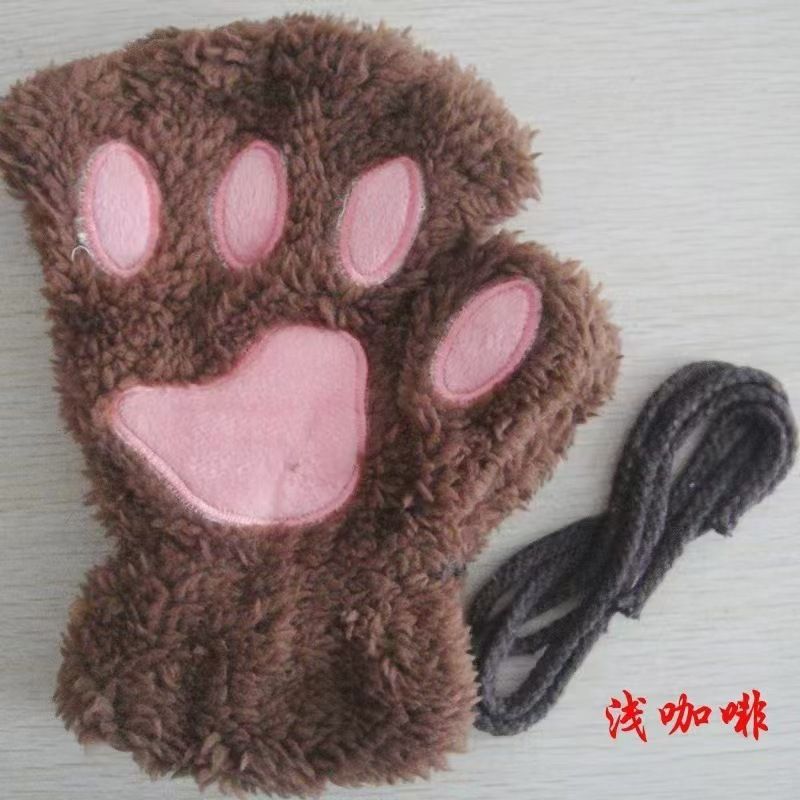 Gants mignons à motifs de pattes de chat pour femmes, mi-gants chauds en peluche pour l'automne et l'hiver, doublés en polaire épaisse, adaptés pour_voghion.com