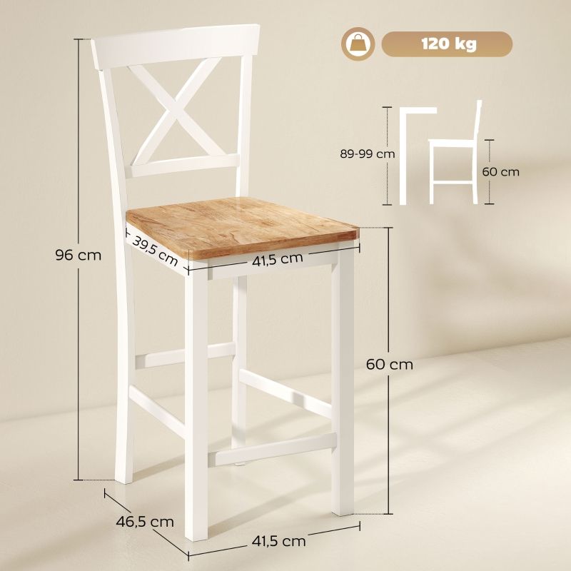 2er Set Barstühle Mit Rückenlehne, Kautschukholz, Eiche+Weiß_voghion.com
