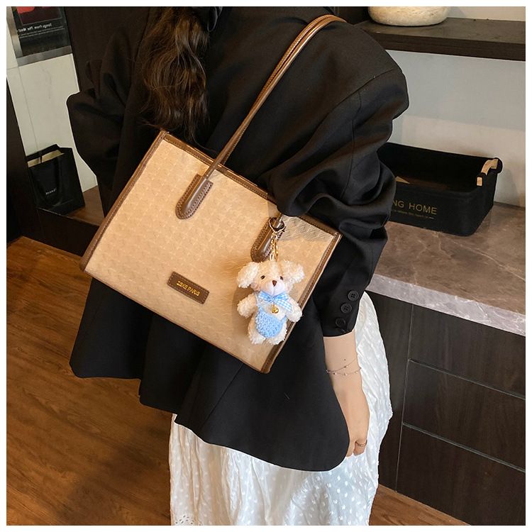 Elegante borsa tote pied de poule – Borsa a tracolla di media capacità per donna (pelle PU, doppi spallacci, chiusura con cerniera, finiture a contrasto, ciondolo staccabile)_voghion.com