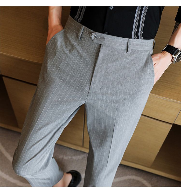 Summer main promotion of thin casual striped micro-elastic comfortable nine-point men's slim-fitting pants_voghion.com