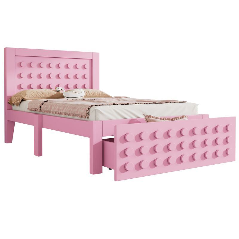Holzbett 90x190cm Mit Blockdesign, Massivholz, Schubladen, Stauraum, Rosa_voghion.com