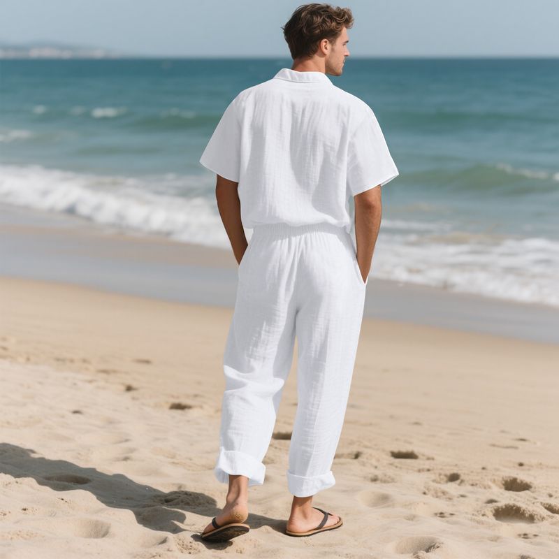 Set de cămașă și pantaloni scurți de plajă din in pentru bărbați, costum casual de vară cu mânecă scurtă_voghion.com
