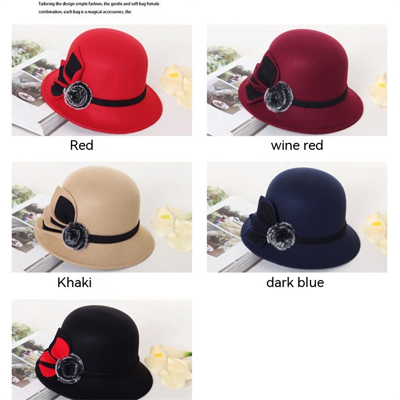 Wollzylinder-Hut, französischer Luxus, einseitiger Plüschball, Frühling und Herbst, englischer Feng Shui-Eimerhut, Vintage-Stil, eleganter kleiner Topfhut_voghion.com