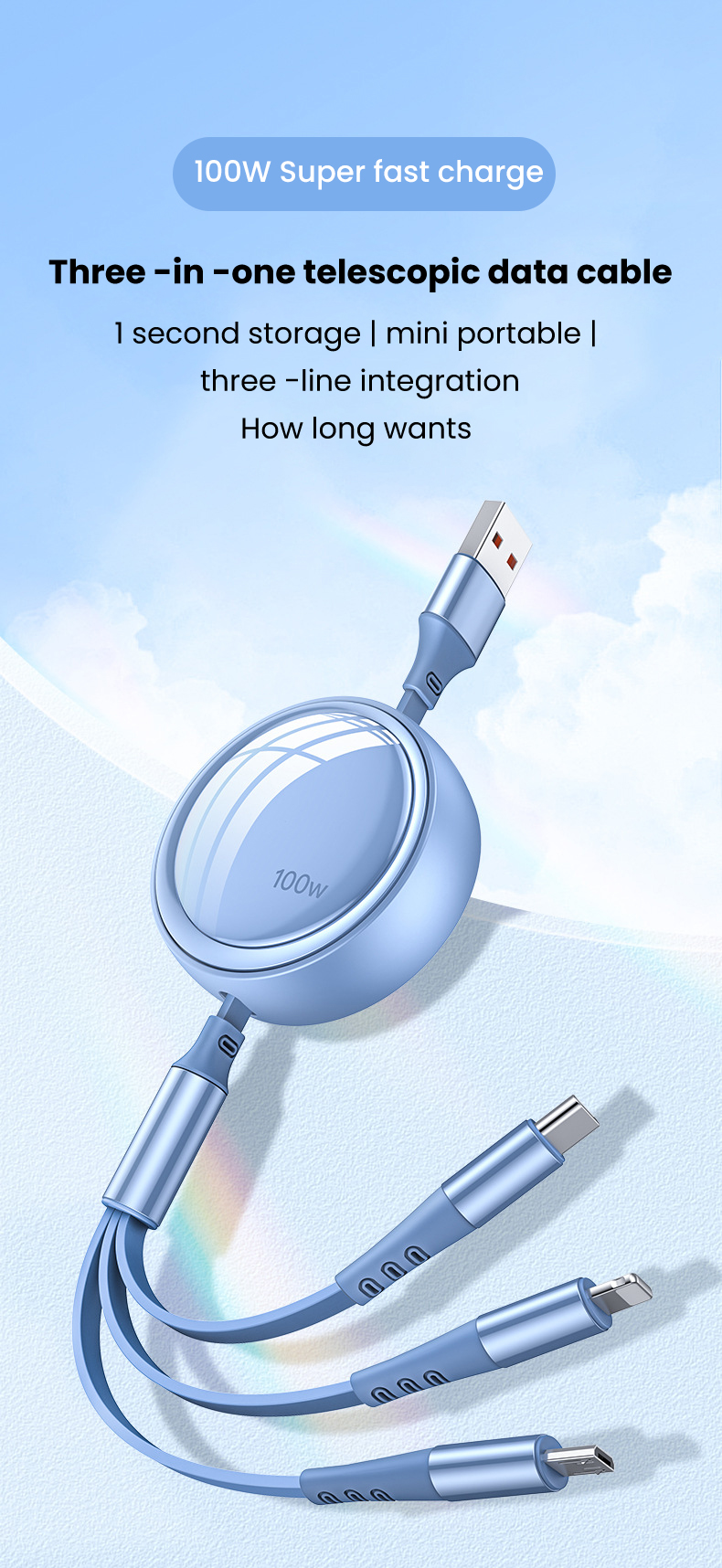 2in1 3in1 6A 100W USB-kabel voor Huawei/Honor Intrekbare draagbare 3-in-1 Micro USB Type C snellaadkabel F_voghion.com