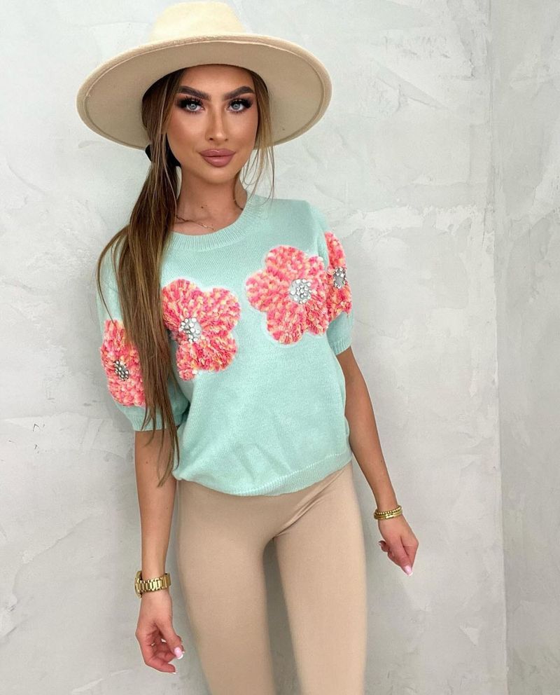 Abbigliamento donna Maglione girocollo a maniche corte con fiori a contrasto di colore rosa dolce_voghion.com